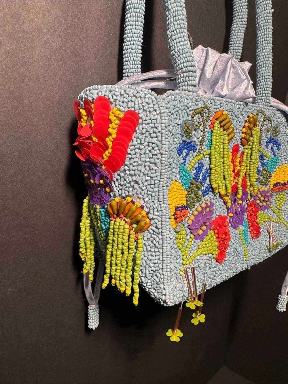 Hand-Beaded Floral Tulip Drawstring Clutch in Light Blue